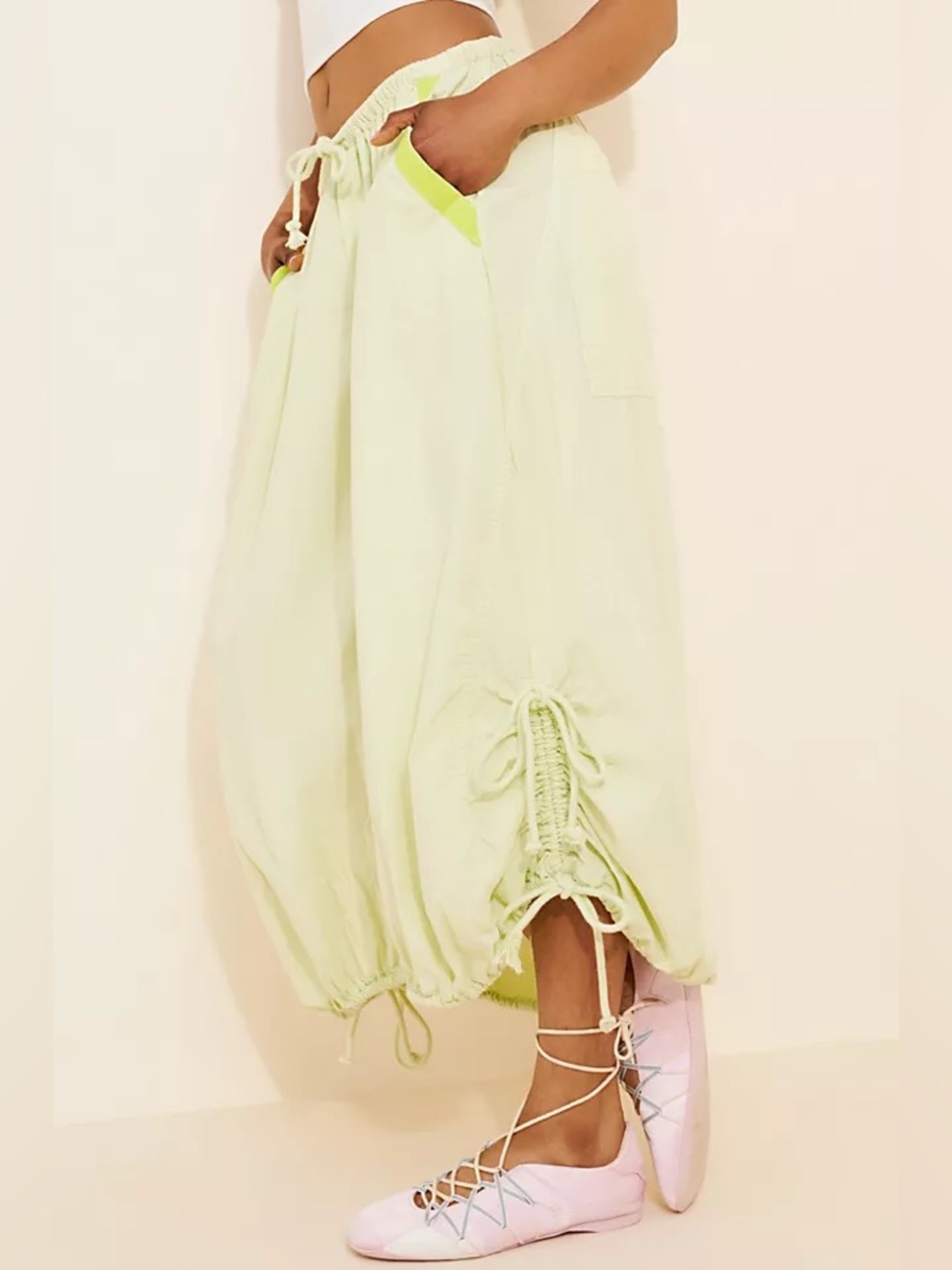 🍋‍🟩 Free People Green Parachute Midi Skirt Ruched Drawstring Size S